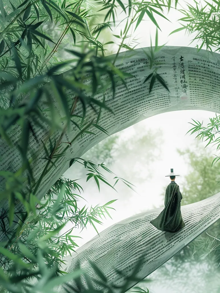A man wearing a Hanfu is walking on a paper scroll with green bamboo plants growing on both sides. The paper scroll has Chinese characters written on it. The man is wearing a black hat and a green robe. He has a long white beard and is carrying a walking stick. The bamboo plants are tall and green. The leaves are long and pointed. The sun is shining through the bamboo plants. The image is peaceful and serene.