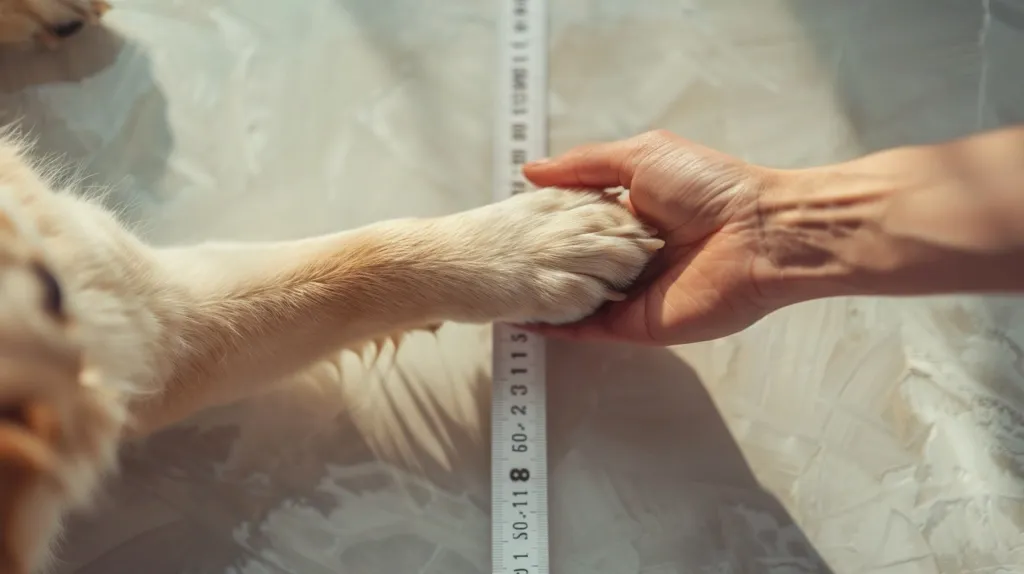 The image shows a person holding a dog's paw. The dog's paw is large and furry, while the person's hand is small and smooth. The dog's paw is placed on top of the person's hand, and the person is holding it with their fingers interlaced between the dog's toes. The background is blurry and light colored.