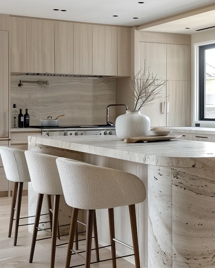 The image shows a modern kitchen with a large marble island and three chairs. The island has a waterfall edge and a built-in cooktop. There is a large window to the right of the island. The kitchen cabinets are light wood and the countertops are marble. There is a vase on the island with a few branches in it. The kitchen is very stylish and modern.