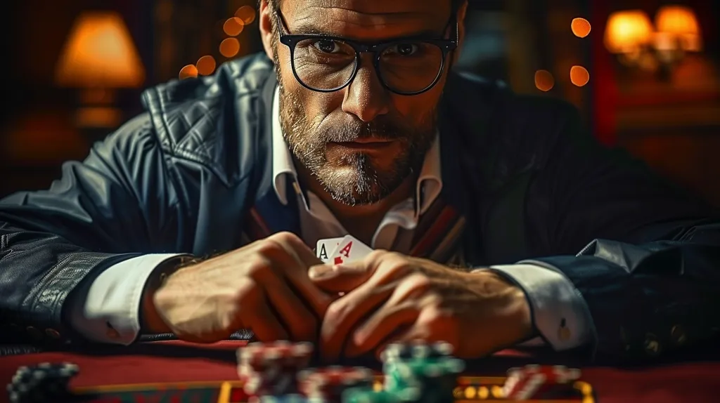 A man in a leather jacket and glasses is sitting at a poker table. He has two aces in his hand. He is looking at the other players with a confident expression on his face. The background is blurry, but it looks like there are other people in the room. The man is wearing a black T-shirt under his jacket. He has a beard and his hair is short and dark. He is sitting in a chair with his arms on the table. He is holding the cards in his right hand. He is looking at the other players with a serious expression on his face.