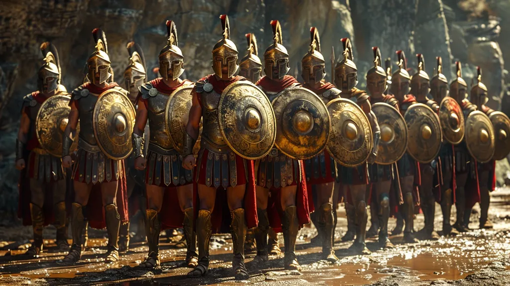 In the image, there is a group of ancient Greek hoplites, armed with spears and shields. They are wearing bronze armor and helmets and are marching in formation. The background is a blur of trees and mountains.