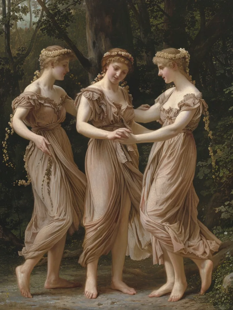 The painting depicts three young women, possibly nymphs or goddesses, dancing in a forest. They are all wearing flowing gowns and have flowers in their hair. The women are dancing in a circle, holding hands. The background of the painting is a forest with green trees and a blue sky. The painting is in the classical style, and the figures are idealized and beautiful. The painting is also a celebration of nature and the beauty of the female form.