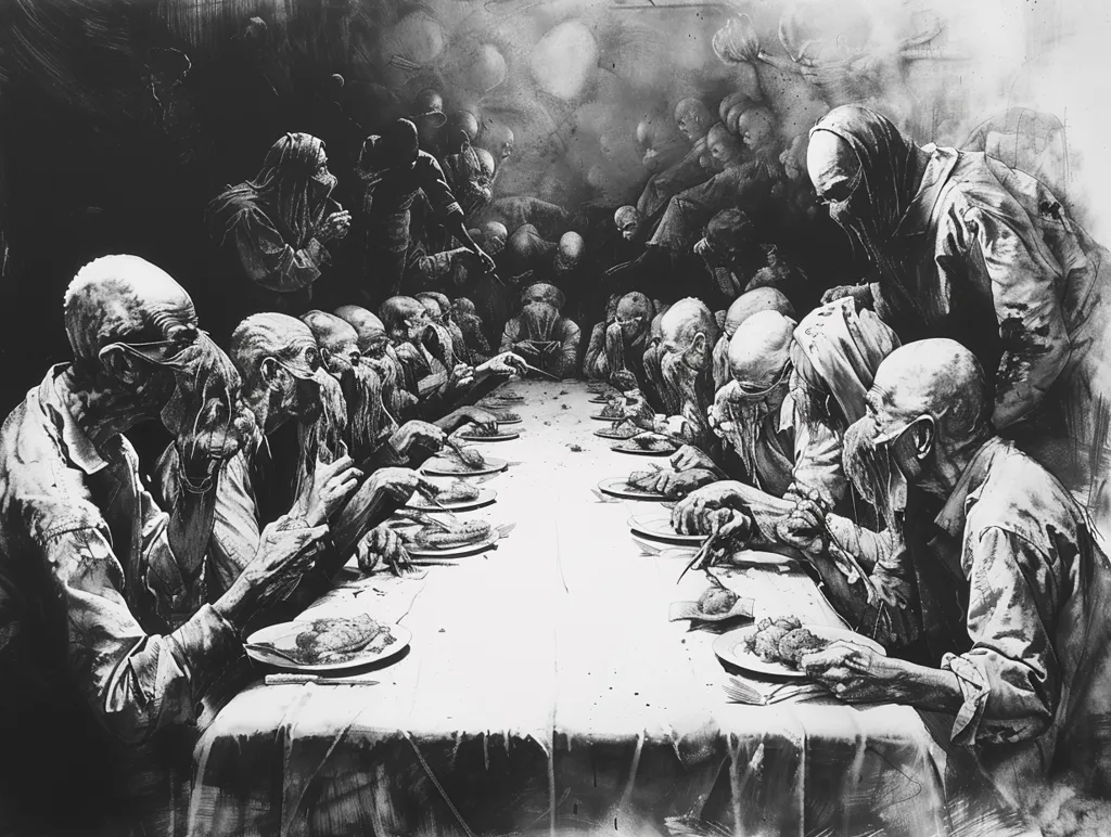 The image is in black and white. It depicts a group of people, possibly all men, sitting at a long table and eating. They are all wearing strange, hooded robes and their faces are obscured. The room is dark and shadowy. The people seem to be in some kind of ritual or ceremony.