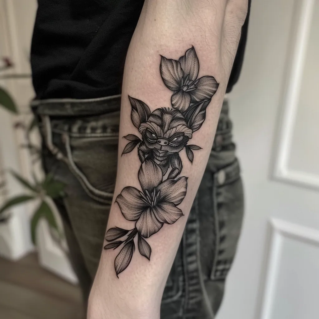 The image is a black and grey tattoo of a gremlin. The gremlin is sitting on a branch of flowers. The flowers are lilies. The gremlin is wearing a pair of glasses. The tattoo is done in a realistic style.