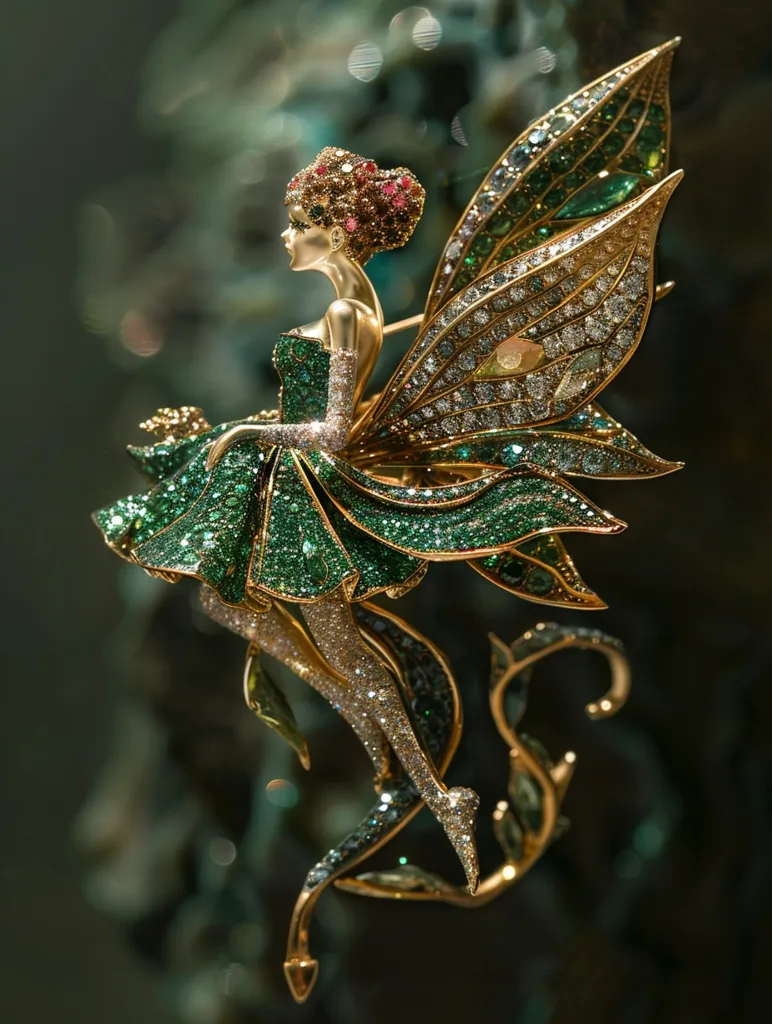 The image is a picture of a golden fairy. The fairy is wearing a green dress and has green wings. The fairy is also wearing a necklace and a bracelet. The fairy is standing on a branch. The background is blurry but looks like it is a forest. The fairy is made of gold and precious stones.