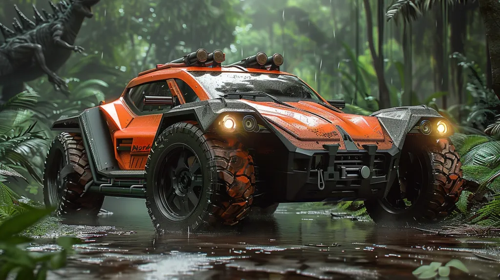 The image shows a futuristic off-road vehicle driving through a dense jungle. The vehicle is orange and black and has a sleek, aerodynamic design. It is equipped with large all-terrain tires and a roof rack with a spare tire and fuel can. The jungle is green and lush, and the trees are tall and imposing. The vehicle is moving quickly and appears to be in a hurry.