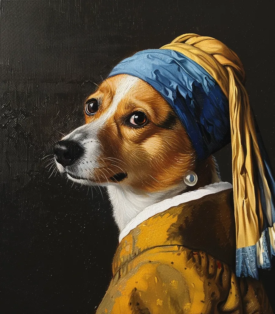 This is a painting of a dog wearing a pearl earring. The dog is wearing a blue and gold turban. The painting is done in the style of Dutch artist Johannes Vermeer.