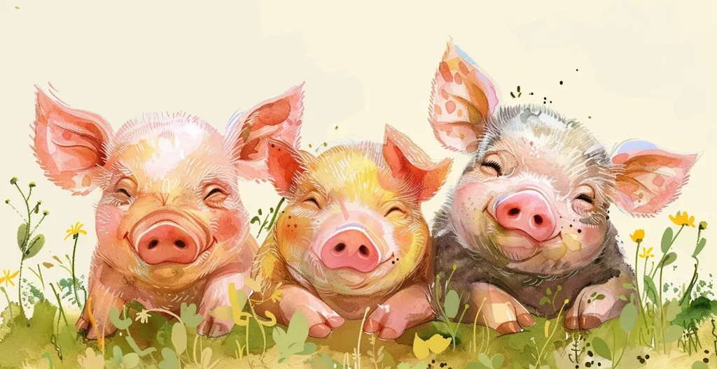 The image shows three little pigs. They are all smiling and look very happy. They are sitting in a green field with some yellow flowers. The background is a light yellow color. The pigs are all different colors. The one on the left is pink, the one in the middle is yellow, and the one on the right is gray.