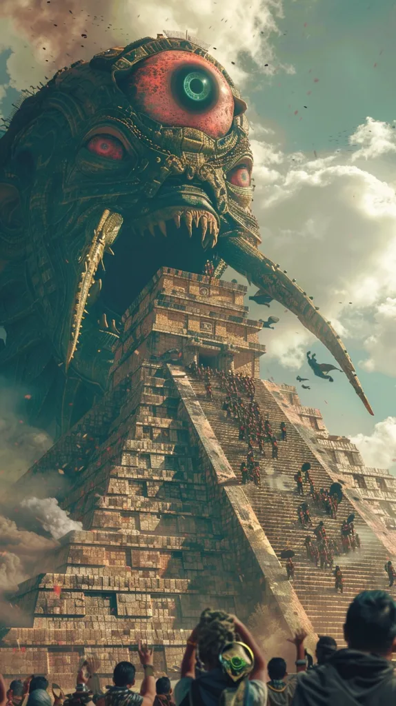 A giant monster is attacking a Mayan pyramid. The monster has the body of a serpent and the head of a crocodile. It is covered in scales and has large, sharp teeth. The monster is breathing fire, and the flames are destroying the pyramid. The Mayans are running away from the monster, but it is too late for some of them. The monster is about to devour them.