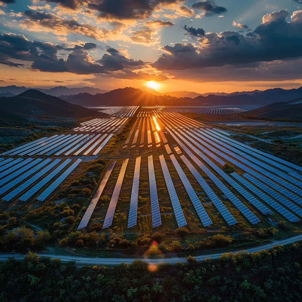 The image shows a large solar farm in the middle of a desert. It is dusk, and the sun is setting behind the mountains in the distance. There are clouds in the sky, and the ground is covered in sand and rocks. The solar panels are arranged in long rows, and they are reflecting the sunlight. There is a road in the foreground of the image, and there are some bushes and trees on either side of the road.