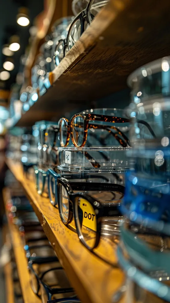 There are many pairs of glasses on the wooden shelves in the store. The glasses are made of different materials and have different colors and styles. Some of the glasses are clear, some are tinted, and some are mirrored. The glasses are all displayed in a way that makes it easy for customers to see and choose the pair that they want.