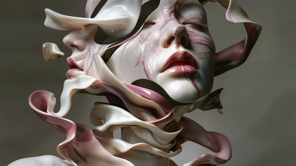 The image is a 3D rendering of two faces. The faces are made of a smooth, reflective material that is melting and dripping. The faces are also twisted and distorted, as if they are being pulled in different directions. The image is set against a dark background, which makes the faces stand out. The overall effect is one of confusion and unease. It is not clear what is happening to the faces, or why. The image is a surreal and thought-provoking exploration of the human form.