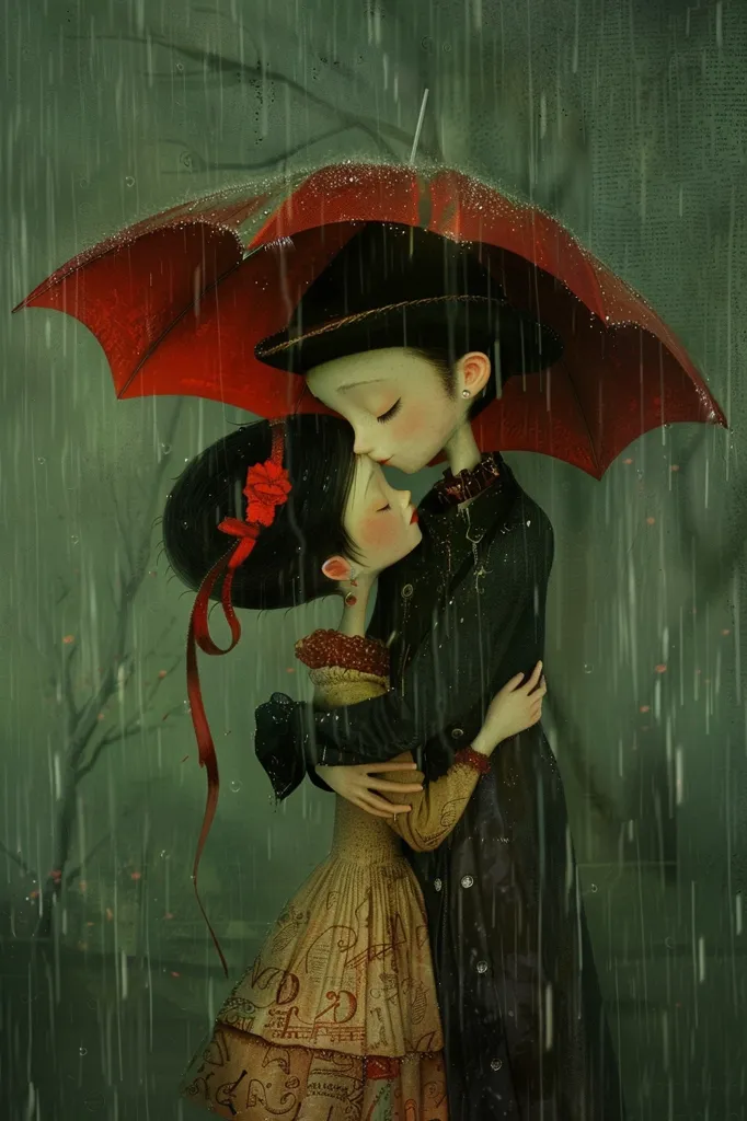 The picture shows a couple standing in the rain. They are both wearing black coats and red scarves. The woman has a red rose in her hair. The man is holding an umbrella. They are kissing. The background is a blur of green leaves. The picture is very romantic.