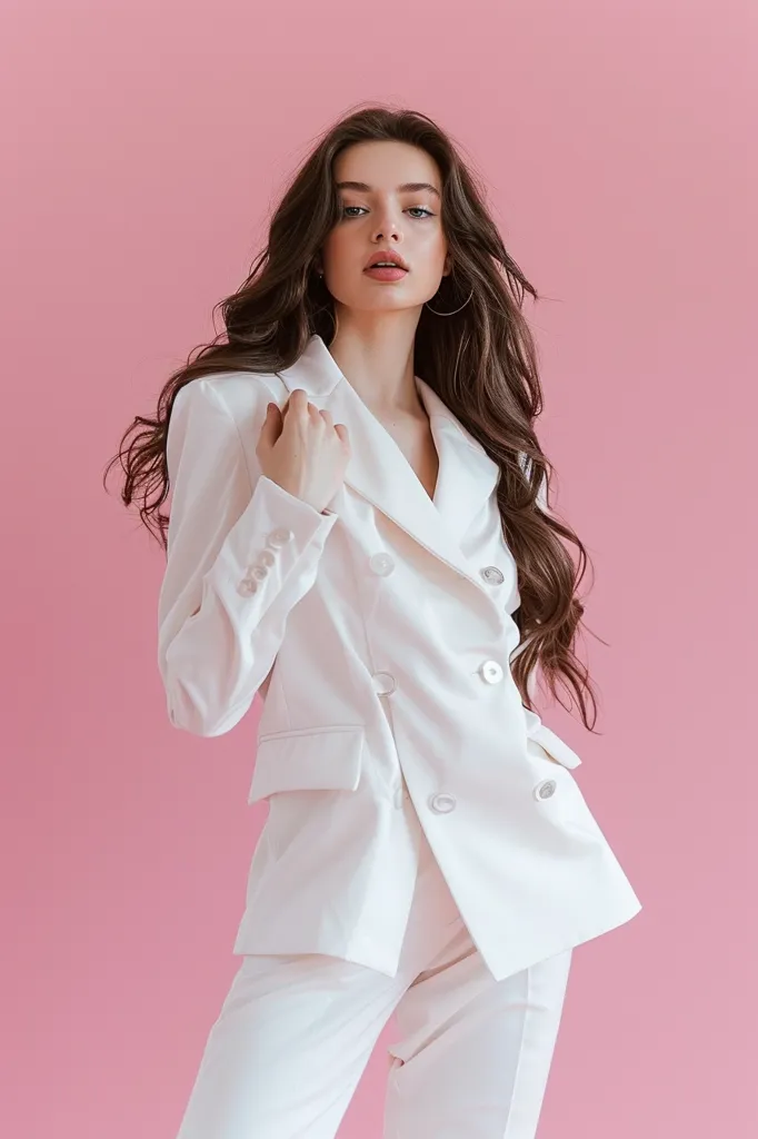 The photo shows a young woman in a white suit. She is standing against a pink background, with one hand on her chest and the other on her hip. She has long, dark hair and light makeup. Her expression is serious and confident.