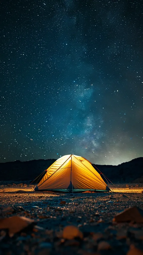 The image shows a tent in the middle of a desert at night. The tent is illuminated from the inside, and the stars in the sky are clearly visible. There are mountains in the background. The image is very peaceful and serene.