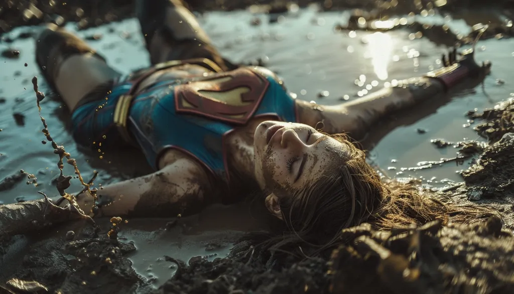 This is an image of a woman lying face up in the mud. She is wearing a torn and dirty Supergirl costume. Her eyes are closed and her face is expressionless. Her body is covered in mud and her hair is matted and dirty. The background of the image is a blur of brown and green, which suggests that she is lying in a field or forest. The image is taken from a low angle, which makes the woman look vulnerable and helpless.