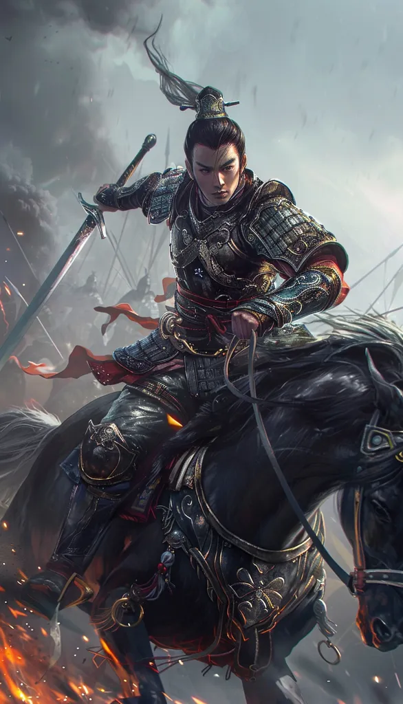 The picture shows a Chinese warrior on a black horse. He is wearing a black and red armor and a helmet with a long white plume. He is holding a sword in his right hand and the reins of his horse in his left hand. The horse is galloping through a battlefield, and there are dead and wounded soldiers all around. In the background, there is a large fire.