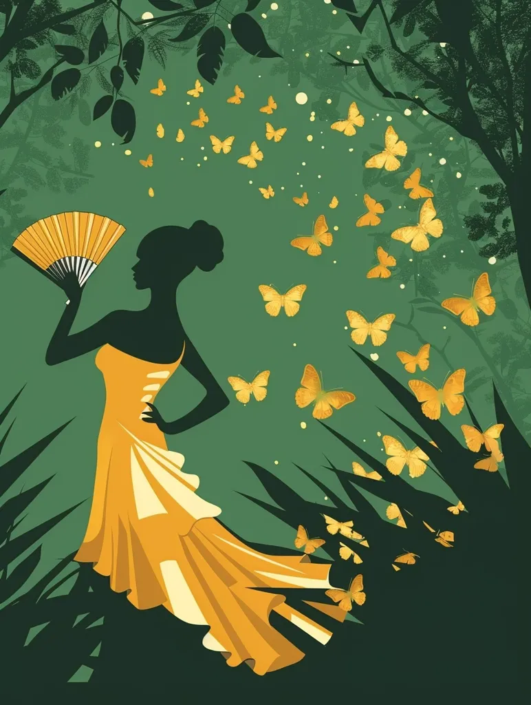 The picture shows a silhouette of a woman in a yellow dress. The woman is holding a fan and standing in a forest. The butterflies are flying around her. The picture is very beautiful and looks like a scene from a movie.