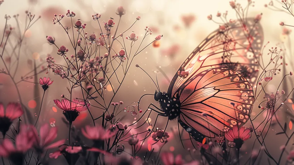 A beautiful butterfly with orange and black wings is perched on a stalk in a field of pink flowers. The butterfly is surrounded by delicate pink and white flowers. The background is a soft, out-of-focus blur of light pink. The overall effect is one of beauty and tranquility.