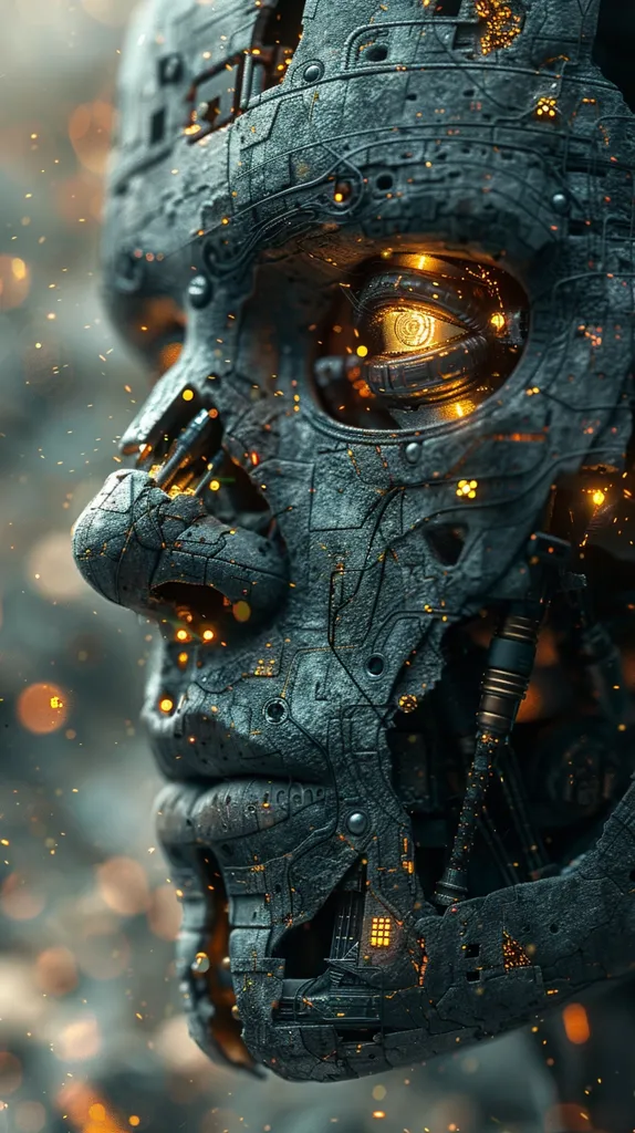 The image is a close-up of a robot's face. The robot is made of metal and has a glowing eye. The robot's face is damaged, and its wires are exposed. The background of the image is dark and out of focus. The image is a portrait, and the robot is looking directly at the viewer. The robot's expression is serious and determined. The image is photorealistic, and the robot's face is rendered in great detail. The image is a still frame from a video game or movie.