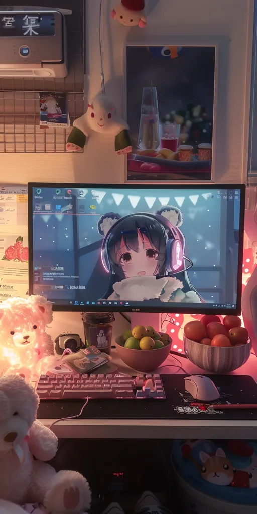 The image shows a cozy gaming setup. There is a large pink gaming chair, a pink and white gaming headset, and a large pink mouse pad. The desk is covered in anime figures, a keyboard, a mouse, and a pink lamp. The walls are decorated with posters and tapestries. There is a window to the left of the desk.