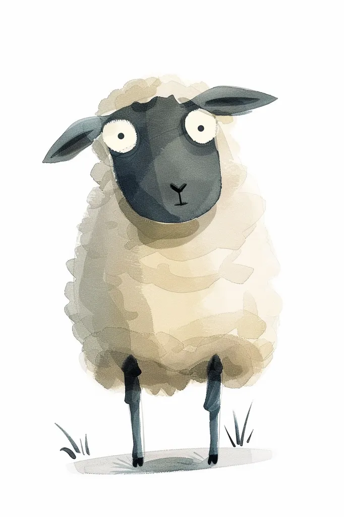 The image shows a cartoon sheep. It has big, round eyes and a fluffy coat. It is standing on a grassy field and looking at the viewer with a curious expression. The sheep is black and white.