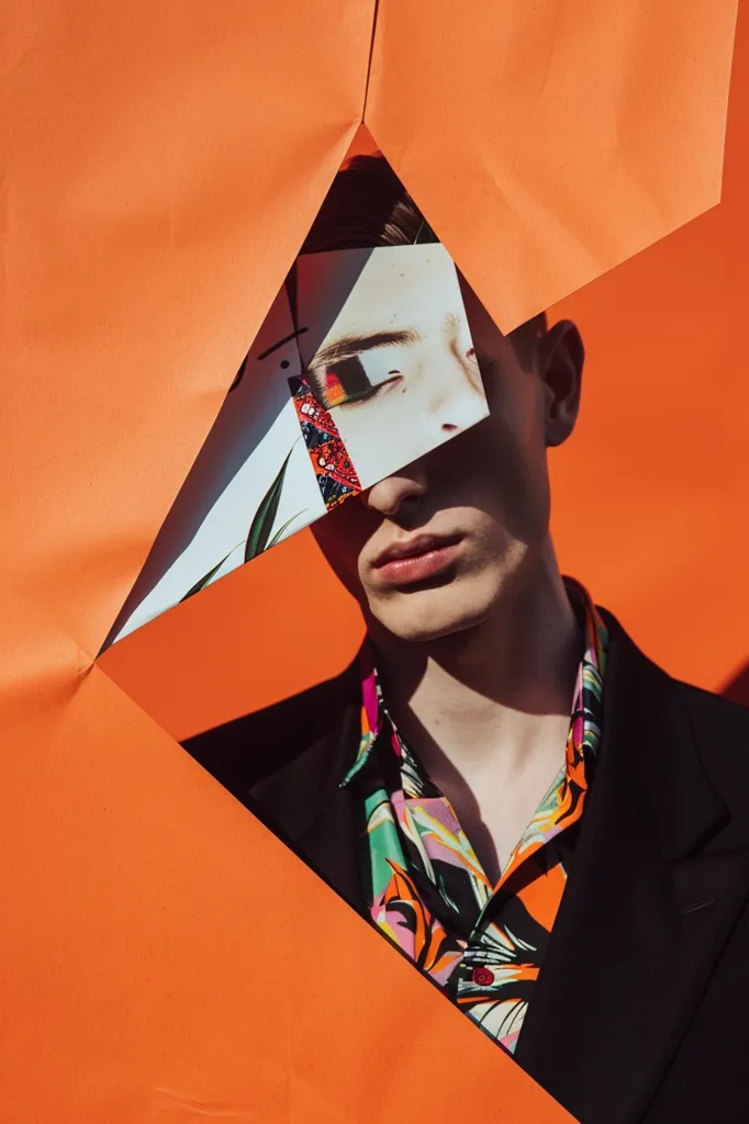 A young man wearing a black suit jacket and a tropical shirt with a floral pattern poses against a bright orange background. He has a serious expression on his face. A piece of white paper with a photo of the man's face is placed over his face. The photo is printed with bright colors. The man's left eye is visible.