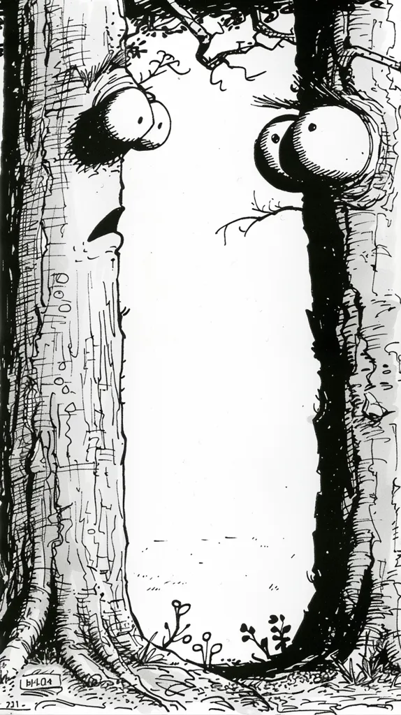 The image is in black and white. It shows two tree trunks with big eyes and a mouth. They are looking at each other. The tree trunks are made up of many small lines. The image is simple but it is very expressive. The artist has used the lines to create a sense of movement and tension. The image is also quite humorous. The tree trunks look like they are having a conversation. The image is open to interpretation. It could be about anything.