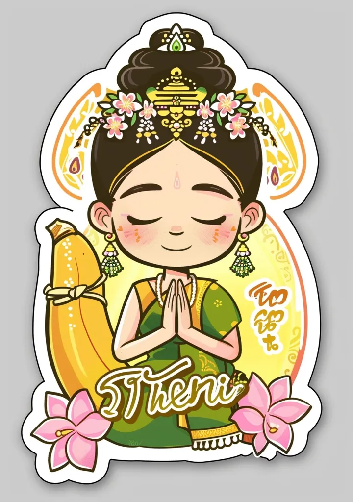 This is a sticker of a Thai woman. She is wearing a traditional Thai dress and has a banana in her hand. The background is white with a light gray shadow. The woman has brown hair and brown eyes. She is smiling and has her hands together in a prayer position.