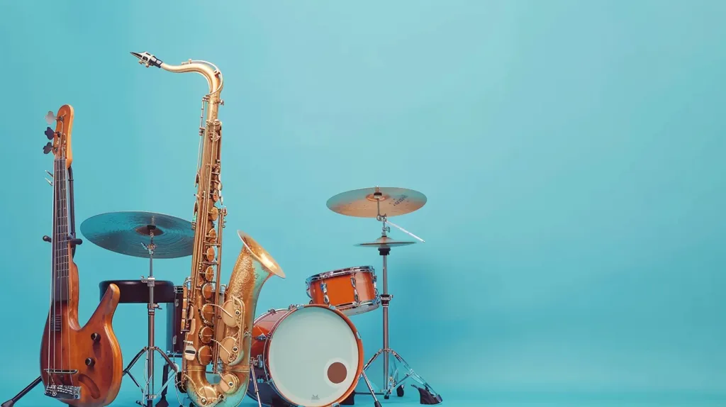 The image shows a blue background with a saxophone, a drum, and a guitar. The saxophone is gold and the drum is brown. The guitar is brown and has four strings. The drum has a cymbal and a hi-hat. The saxophone is on the right side of the image and the drum is in the middle. The guitar is on the left side of the image.