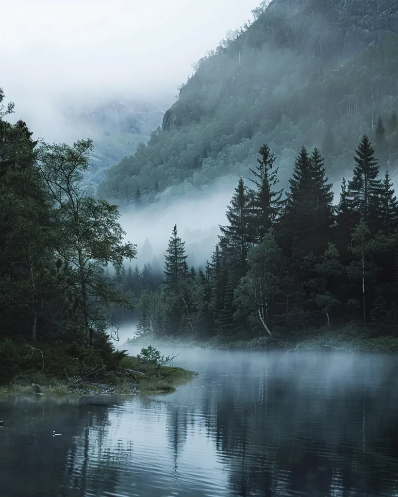 The image is a beautiful landscape of a lake and mountains. The water is calm and still, and the trees are reflected in the water. The mountains are covered in fog, and the sky is cloudy. The scene is peaceful and serene.