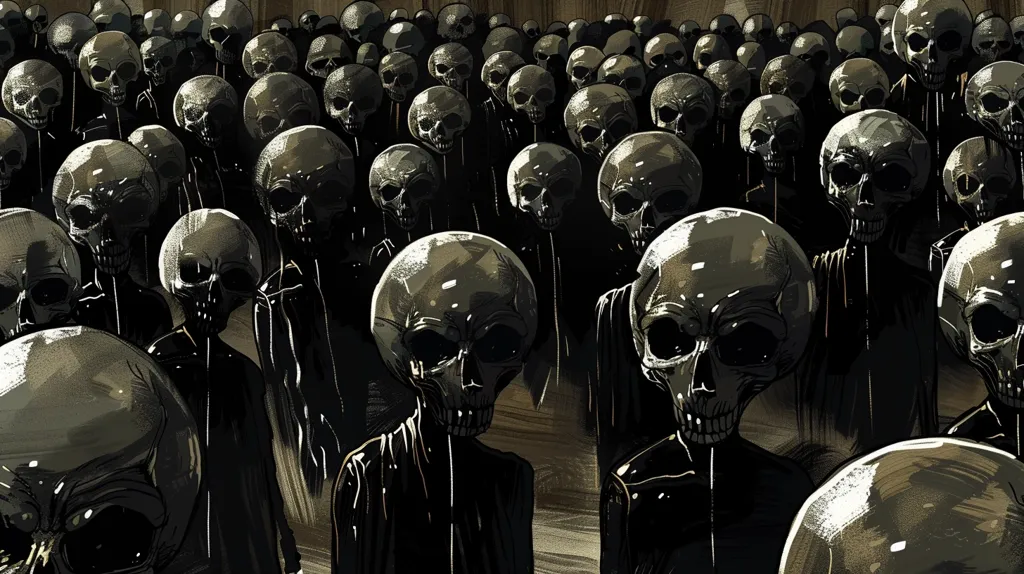 The image is of an army of skeletons. They are all wearing black cloaks and have their heads bowed. The only light comes from a few small torches that are held by some of the skeletons. The image is both creepy and fascinating. It makes you wonder what the skeletons are waiting for and what they will do when they finally attack.
