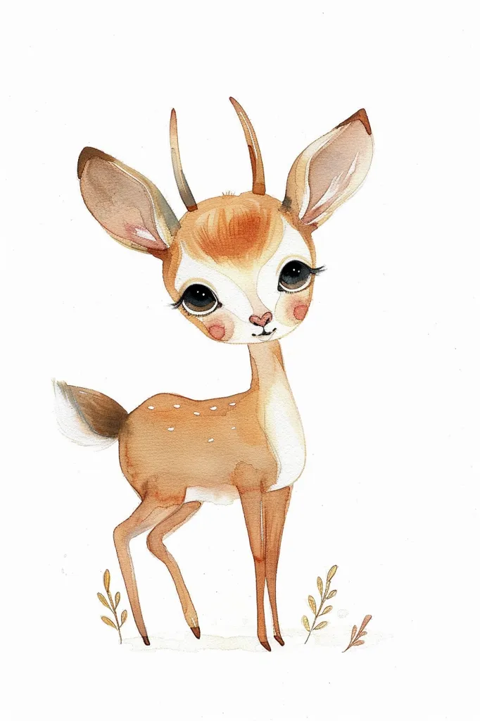 The image is a watercolor painting of a baby deer. It has big, round eyes, a tiny pink nose, and a tuft of brown fur on its head. Its body is covered in light brown fur with white spots. It is standing on four slender legs and has a long, bushy tail. The deer is standing in a field of green grass and is looking at the viewer with a curious expression.