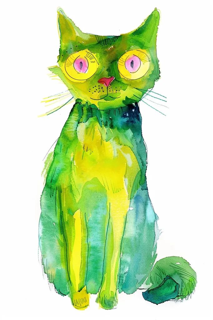 This is a watercolor painting of a cat. The cat is mostly green, with some yellow and blue patches. It has big, round eyes and a pink nose. The cat is wearing a bow tie. The painting has a whimsical style, and the cat looks like it is having a lot of fun.