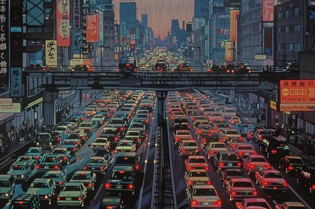 The image shows a busy city street with a lot of traffic. There are cars, trucks, and buses on the road, and people are crossing the street. The buildings are tall and the city is very crowded. The image is in a realistic style and the colors are very vibrant.