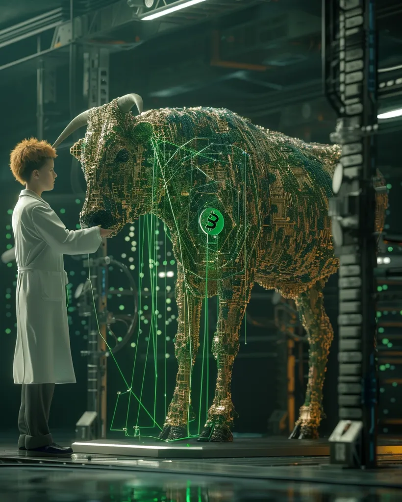 The image is a 3D rendering of a futuristic scene. A young boy is standing in a dark room with a large, metal bull. The bull is made of intricate metal and has a glowing green circuit board on its back. The boy is wearing a white lab coat and is holding a cable that is connected to the bull. The background of the scene is a dark, metal wall with glowing green lights.