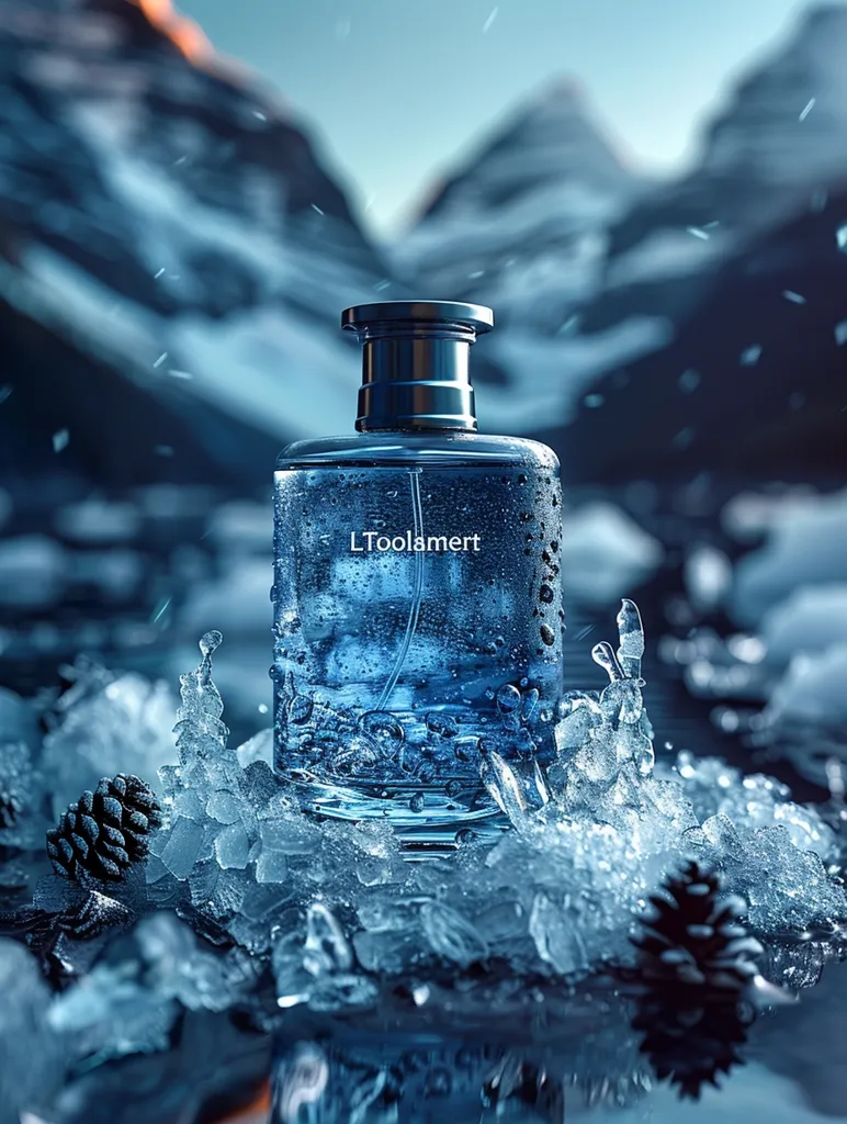 The image is a cologne bottle. It is blue and silver. It is sitting on a block of ice. There are pine cones and water droplets around it. The background is a mountain range. The image is very cold and refreshing.