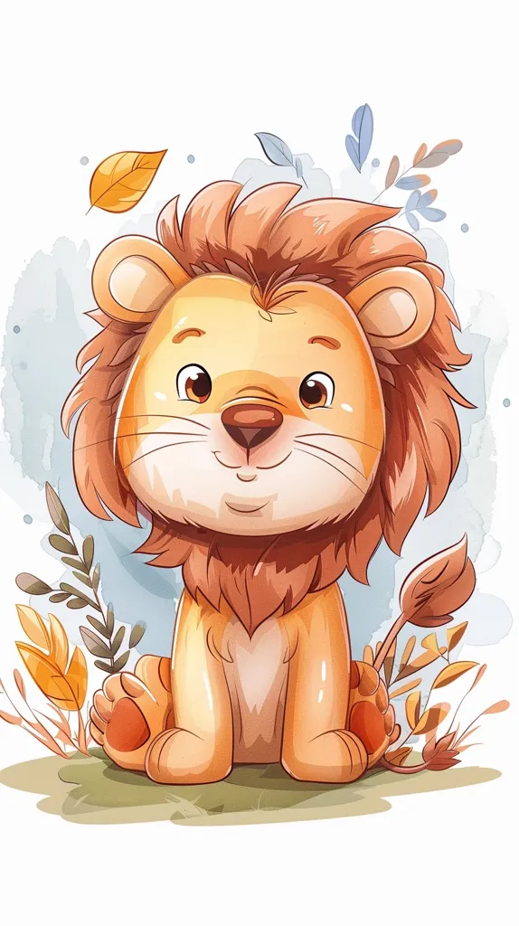 This is a picture of a cartoon lion. It has big, round eyes, a fluffy orange mane, and a cute little nose. It is sitting on a bed of green leaves and looks like it is having a great time. The background is a light blue color, and there are some small, white flowers in the foreground. The picture is very cute and would be perfect for a child's room.