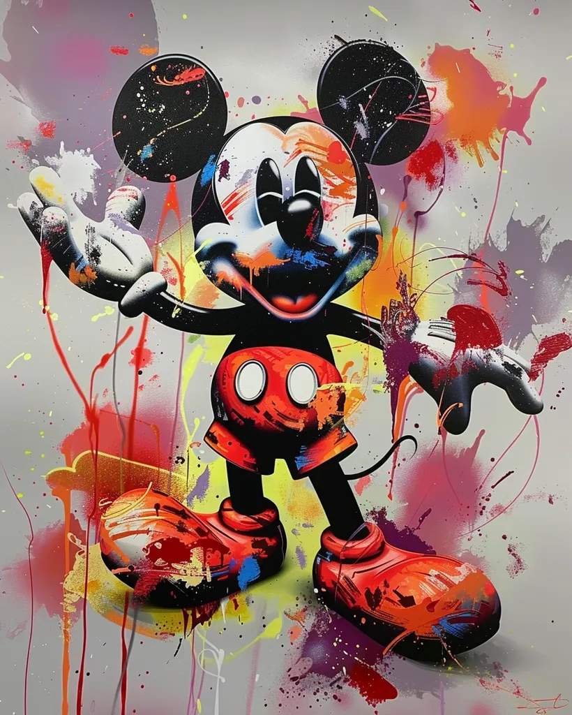 This is a painting of Mickey Mouse. He is standing with his arms outstretched, and his face is turned to the viewer. He is wearing red shoes and white gloves. The background is a bright, colorful, abstract design. The painting is done in a graffiti style, and it has a lot of energy and movement.