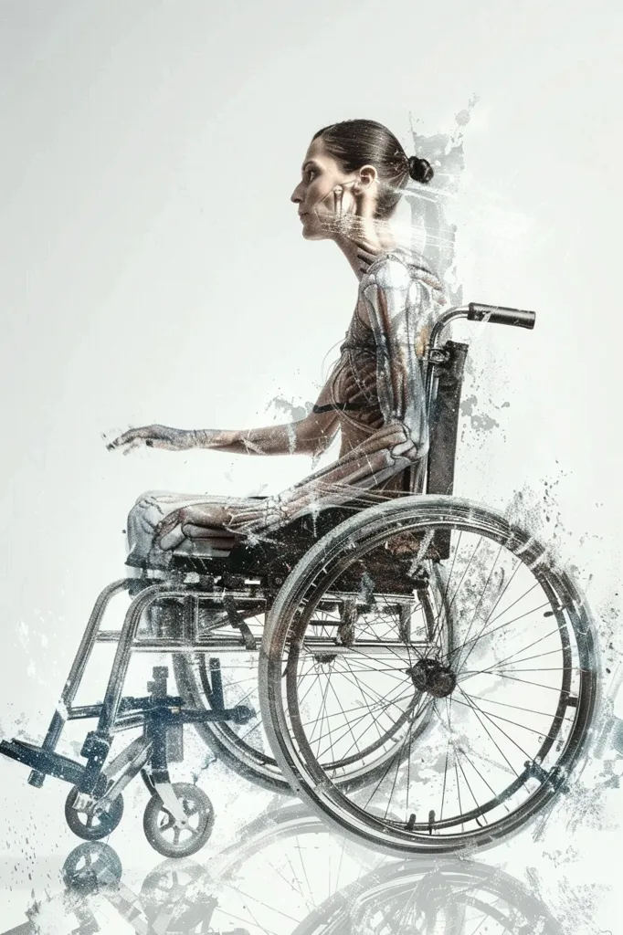 The image is a black-and-white photo of a woman in a wheelchair. She is wearing a sports bra and shorts. Her hair is in a ponytail. She is looking to the left of the frame. Her face is expressionless. The background is white. The image is taken from a low angle, which makes the woman look larger than life. The image is a powerful statement about the strength and resilience of people with disabilities. It is a reminder that people with disabilities are not defined by their disabilities. They are individuals with their own unique strengths and challenges. They are capable of great things.