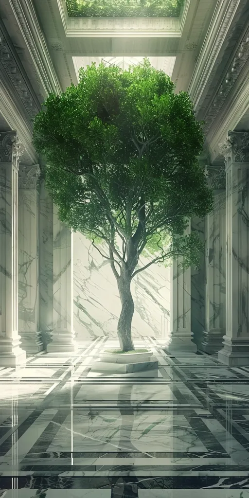 The image is a digital rendering of a classical interior space. The space is defined by a series of marble columns that line the walls and support a coffered ceiling. In the center of the space is a large tree, its branches reaching up toward the light that filters in from above. The floor is made of marble tiles, and the walls are decorated with reliefs depicting various classical scenes.