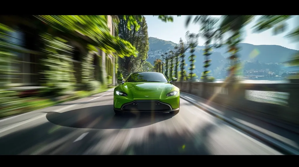 The image shows a green Aston Martin car driving on an asphalt road. The car is blurred, which indicates that it is moving very fast. The background is in focus and shows trees, buildings, and mountains. The sky is blue and there are some clouds in the distance. The image is very bright and sunny.