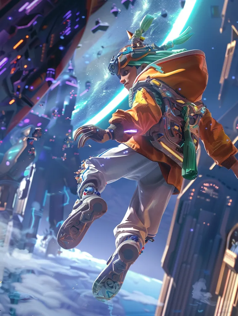 A young man is floating through the air in a futuristic city. He is wearing a yellow and white outfit and has a green Mohawk. He is surrounded by blue and purple lights and buildings. He looks like he is having a lot of fun.