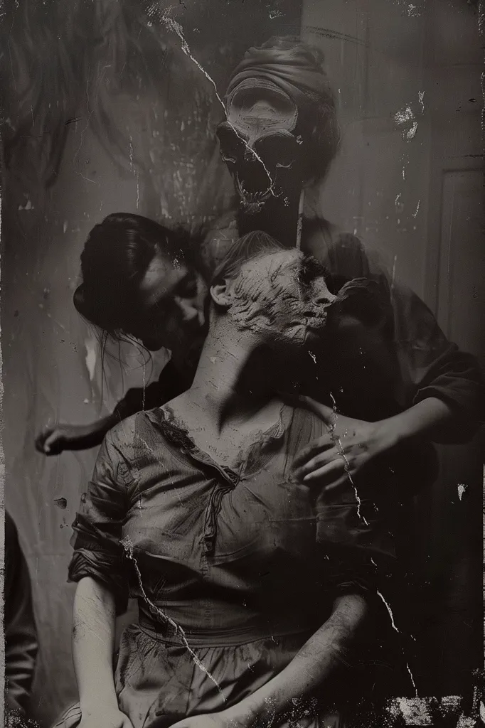 The picture is in black and white. A woman is sitting with her face in her hands. Another woman is standing behind her, holding her shoulders. The woman in the back has a skull-like face. The picture is very dark and gloomy.