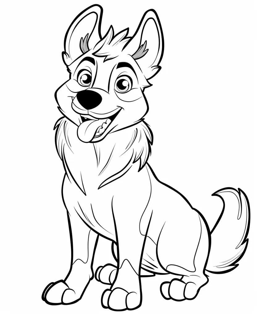 The image is of a cartoon dog. It is sitting on its haunches with its tongue hanging out and its ears perked up. The dog has a happy expression on its face. It is a simple line drawing with no color.