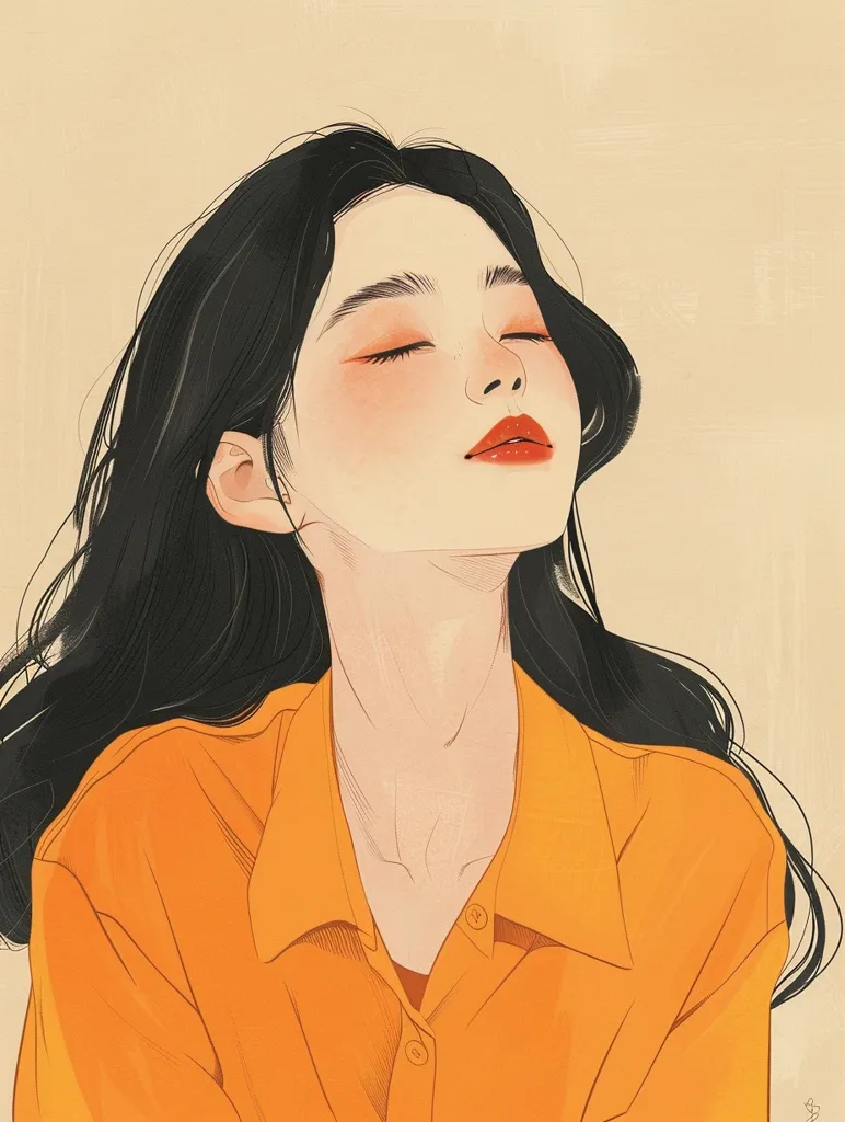 The image is a portrait of a young woman with long black hair. She has her eyes closed and her head tilted slightly to the right. She is wearing an orange shirt and has a soft smile on her face. The background is a solid light brown color. The image is drawn in a realistic style and the colors are muted.