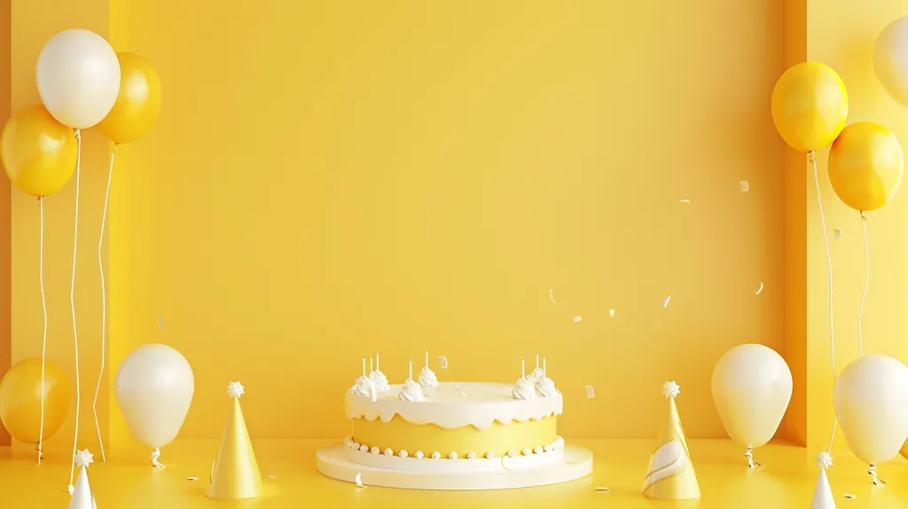 The image is a 3D rendering of a birthday party. The background is a solid yellow color. There is a birthday cake in the center of the image. The cake is yellow and white with candles on top. There are also some party hats and balloons in the image. The balloons are yellow and white. The party hats are yellow. The image is very simple, but it is still very festive.