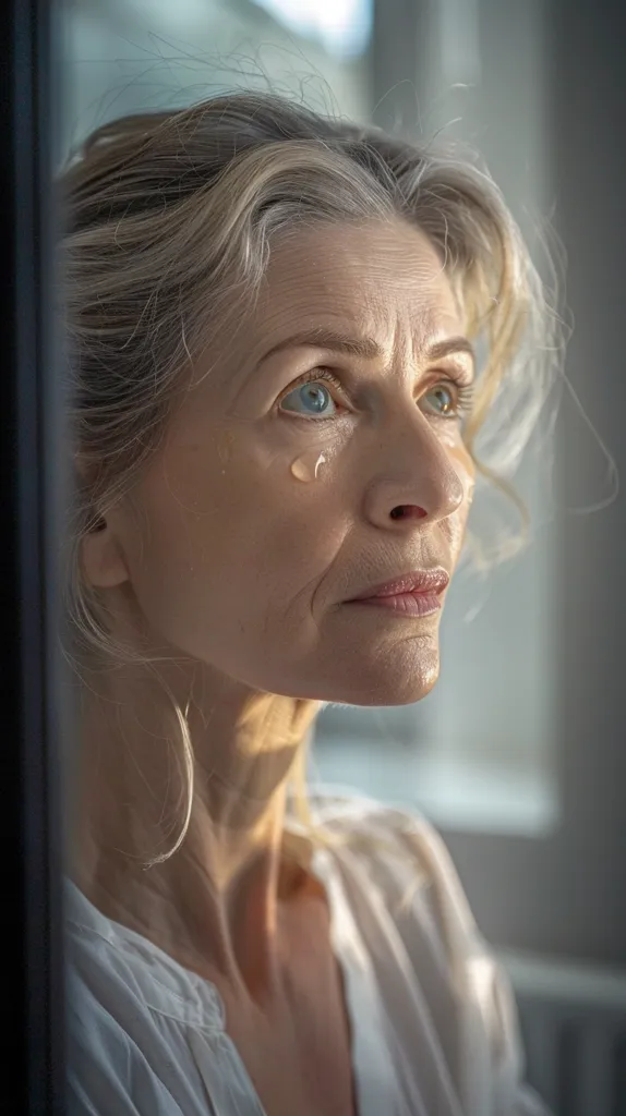 The photo shows a middle-aged woman looking out the window. Her expression is pensive and sad. She has blonde hair and blue eyes. She is wearing a white blouse. The background is blurred.