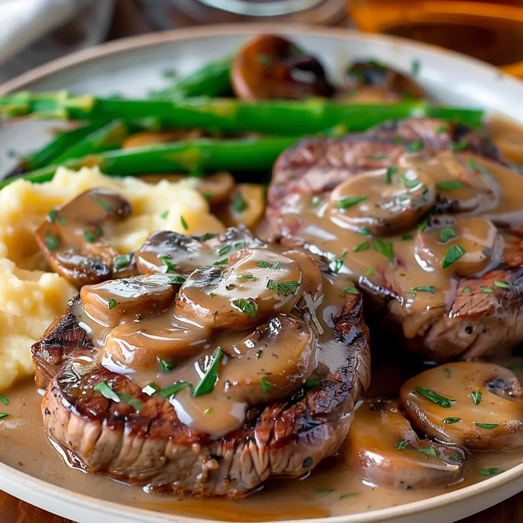 A delicious and tender steak is the perfect meal for any occasion. This steak is cooked to perfection, with a juicy and flavorful interior. The rich and savory mushroom sauce adds an extra layer of flavor, and the creamy mashed potatoes and crisp asparagus make the perfect sides. This meal is sure to satisfy even the most discerning palate.