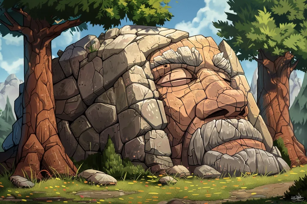 The image shows a large, stone head of a man with long white hair and beard. The head is set in a forest, with two large trees on either side. The man's eyes are closed and he has a peaceful expression on his face. The image is drawn in a realistic style and the colors are muted and natural.